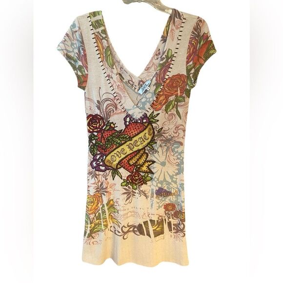 SPY ZONE Sz M Tattoo Floral Y2K Embellished Embroidered Knit Short Sleeve Dress - Picture 1 of 9